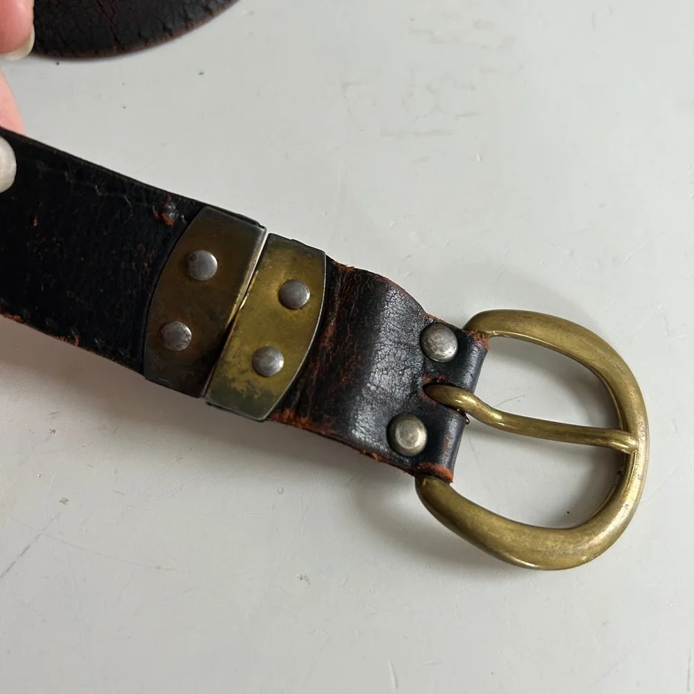 Vtg Belt Brass Buckle Mens XL XXL Distressed Brown Leather Workwear Reversible